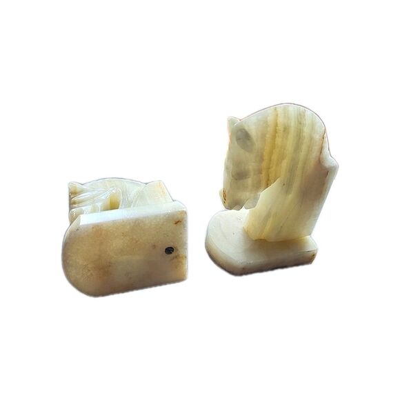 Vintage 5" Onyx Horse Head Equestrian Trojan Bookends Carved Stone Home Decor - Picture 7 of 14